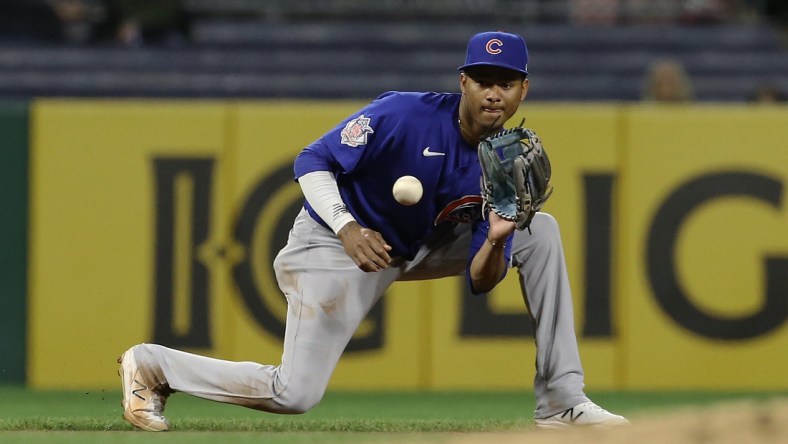 Sep 30, 2021; Pittsburgh, Pennsylvania, USA;  Chicago Cubs shortstop Sergio Alcantara (51) fields a ground ball to begin a double play against the Pittsburgh Pirates during the seventh inning at PNC Park. Mandatory Credit: Charles LeClaire-USA TODAY Sports