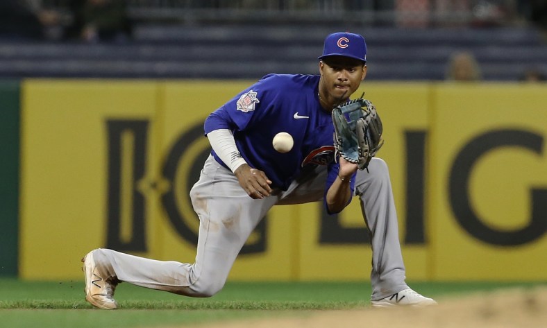 Sep 30, 2021; Pittsburgh, Pennsylvania, USA;  Chicago Cubs shortstop Sergio Alcantara (51) fields a ground ball to begin a double play against the Pittsburgh Pirates during the seventh inning at PNC Park. Mandatory Credit: Charles LeClaire-USA TODAY Sports