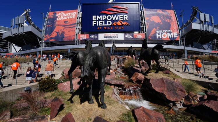 Oct 3, 2021; Denver, Colorado, USA; General view outside of Empower Field at Mile High before the game between the Baltimore Ravens against the Denver Broncos. Mandatory Credit: Ron Chenoy-USA TODAY Sports