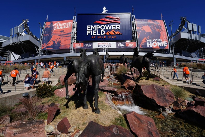 Oct 3, 2021; Denver, Colorado, USA; General view outside of Empower Field at Mile High before the game between the Baltimore Ravens against the Denver Broncos. Mandatory Credit: Ron Chenoy-USA TODAY Sports