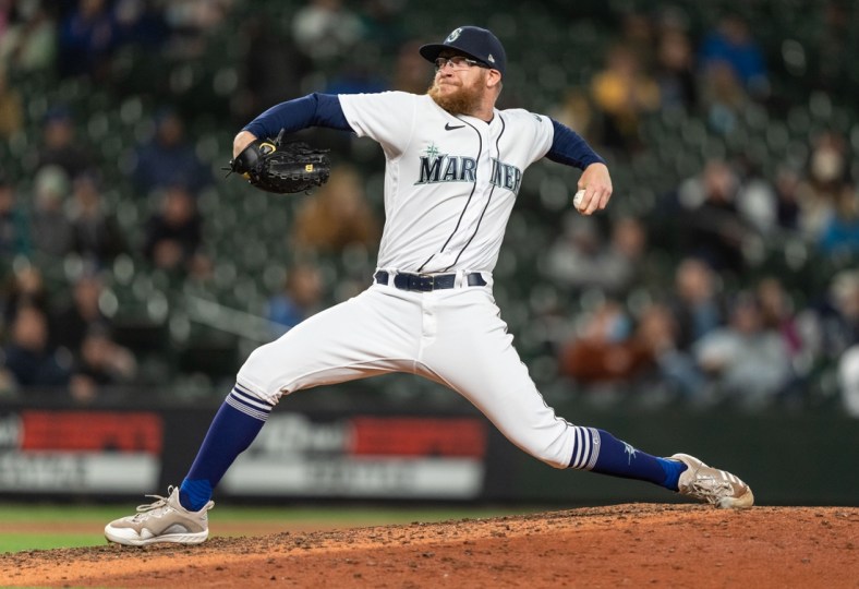 Sep 27, 2021; Seattle, Washington, USA;  Seattle Mariners reliever Sean Doolittle (62) delivers a pitch against the Oakland Athletics at T-Mobile Park. The Mariners won 13-4. Mandatory Credit: Stephen Brashear-USA TODAY Sports