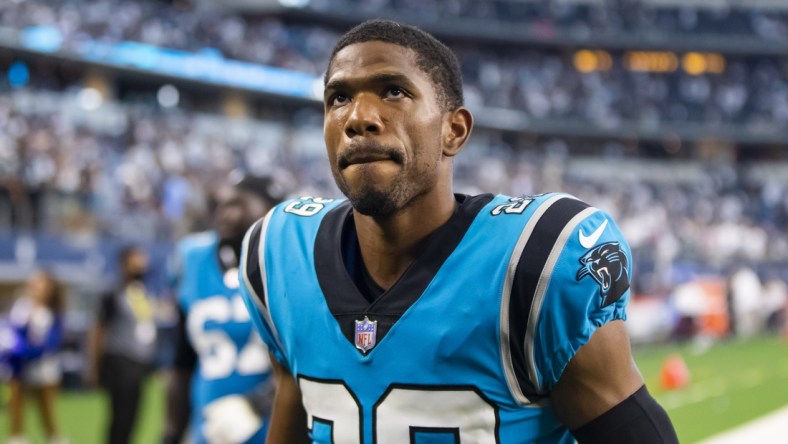 Oct 3, 2021; Arlington, Texas, USA; Carolina Panthers cornerback Rashaan Melvin (29) against the Dallas Cowboys at AT&T Stadium. Mandatory Credit: Mark J. Rebilas-USA TODAY Sports