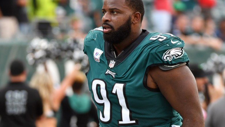 Oct 3, 2021; Philadelphia, Pennsylvania, USA; Philadelphia Eagles defensive tackle Fletcher Cox (91) runs off the field after loss against the Kansas City Chiefs at Lincoln Financial Field. Mandatory Credit: Eric Hartline-USA TODAY Sports