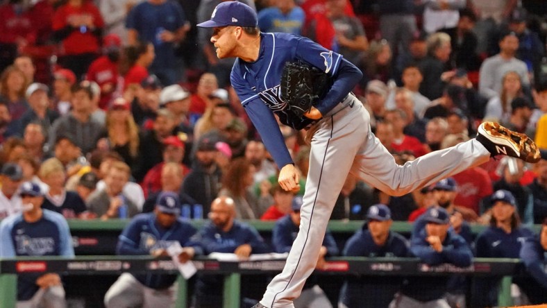 Oct 11, 2021; Boston, Massachusetts, USA; Tampa Bay Rays starting pitcher Collin McHugh (31) pitches against the Boston Red Sox during the first inning during game four of the 2021 ALDS at Fenway Park. Mandatory Credit: David Butler II-USA TODAY Sports