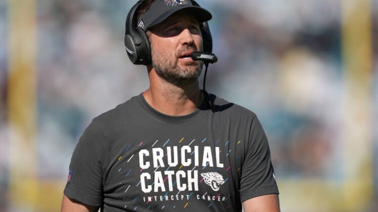 Oct 10, 2021; Jacksonville, Florida, USA; Jacksonville Jaguars passing game coordinator Brian Schottenheimer walks down the sideline during the second half against the Tennessee Titans at TIAA Bank Field. Mandatory Credit: Jasen Vinlove-USA TODAY Sports