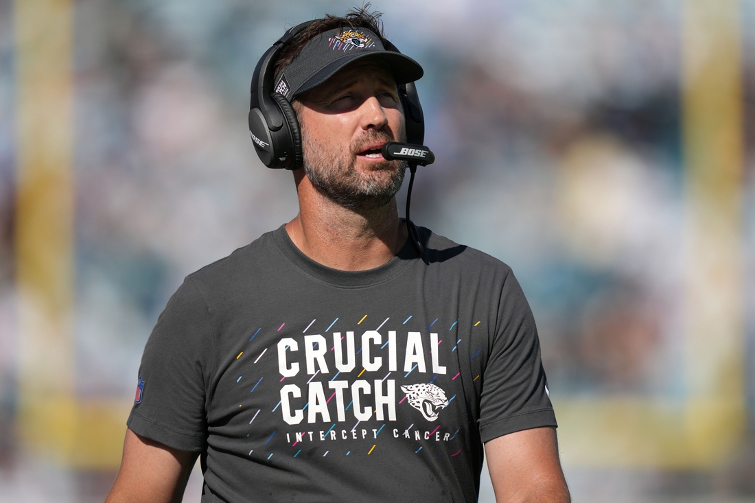 Oct 10, 2021; Jacksonville, Florida, USA; Jacksonville Jaguars passing game coordinator Brian Schottenheimer walks down the sideline during the second half against the Tennessee Titans at TIAA Bank Field. Mandatory Credit: Jasen Vinlove-USA TODAY Sports