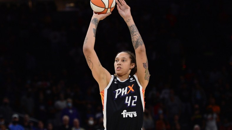 Oct 13, 2021; Phoenix, Arizona, USA; Phoenix Mercury center Brittney Griner (42) shoots against the Chicago Sky during the first half of game two of the 2021 WNBA Finals at Footprint Center. Mandatory Credit: Joe Camporeale-USA TODAY Sports