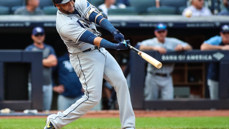 Oct 3, 2021; Bronx, New York, USA; Tampa Bay Rays designated hitter Nelson Cruz (23) Yankee Stadium. Mandatory Credit: Wendell Cruz-USA TODAY Sports