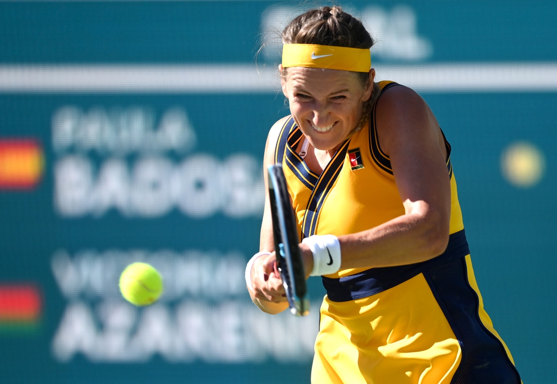 Oct 17, 2021; Indian Wells, CA, USA;  Victoria Azarenka (BLR) hits a shot during the women s final against Paula Badosa (ESP) during the BNP Paribas Open at the Indian Wells Tennis Garden. Mandatory Credit: Jayne Kamin-Oncea-USA TODAY Sports