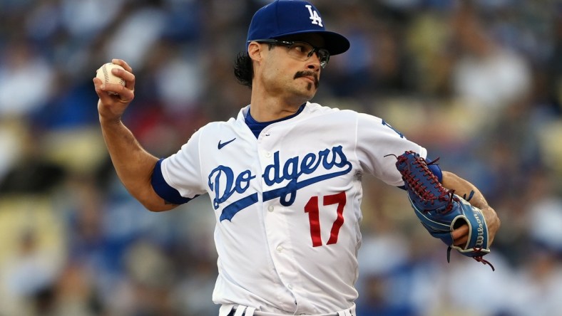 Oct 21, 2021; Los Angeles, California, USA; Los Angeles Dodgers starting pitcher Joe Kelly (17) pitches in the first inning against the Atlanta Braves during game five of the 2021 NLCS at Dodger Stadium. Mandatory Credit: Jayne Kamin-Oncea-USA TODAY Sports