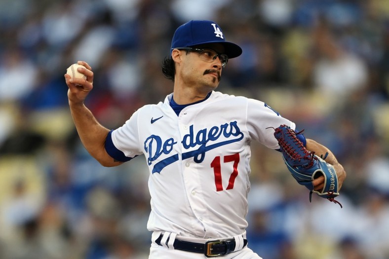 Oct 21, 2021; Los Angeles, California, USA; Los Angeles Dodgers starting pitcher Joe Kelly (17) pitches in the first inning against the Atlanta Braves during game five of the 2021 NLCS at Dodger Stadium. Mandatory Credit: Jayne Kamin-Oncea-USA TODAY Sports