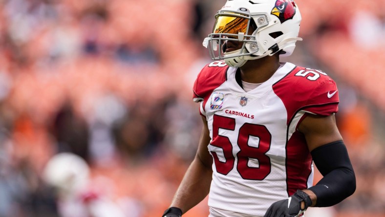 Oct 17, 2021; Cleveland, Ohio, USA; Arizona Cardinals middle linebacker Jordan Hicks (58) during warmups before the game against the Cleveland Browns at FirstEnergy Stadium. Mandatory Credit: Scott Galvin-USA TODAY Sports