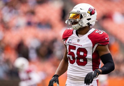 Oct 17, 2021; Cleveland, Ohio, USA; Arizona Cardinals middle linebacker Jordan Hicks (58) during warmups before the game against the Cleveland Browns at FirstEnergy Stadium. Mandatory Credit: Scott Galvin-USA TODAY Sports