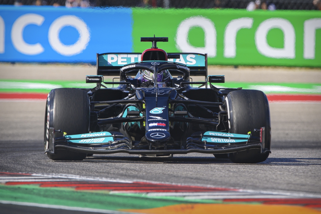 Oct 24, 2021; Austin, TX, USA; Mercedes AMG Petronas Motorsport driver Lewis Hamilton (44) of Team Great Britain drives during the United States Grand Prix Race at Circuit of the Americas. Mandatory Credit: Jerome Miron-USA TODAY Sports