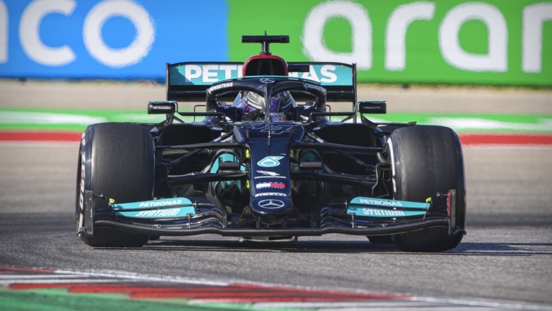 Oct 24, 2021; Austin, TX, USA; Mercedes AMG Petronas Motorsport driver Lewis Hamilton (44) of Team Great Britain drives during the United States Grand Prix Race at Circuit of the Americas. Mandatory Credit: Jerome Miron-USA TODAY Sports