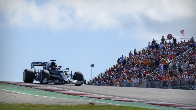 Oct 24, 2021; Austin, TX, USA; Scuderia Alpha Tauri driver Yuki Tsunoda (22) of Team Japan drives during the United States Grand Prix Race at Circuit of the Americas. Mandatory Credit: Jerome Miron-USA TODAY Sports