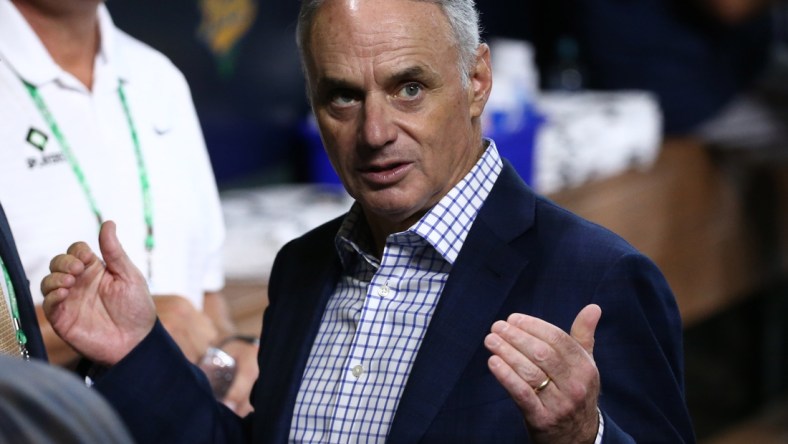 Oct 26, 2021; Houston, TX, USA; MLB commissioner Rob Manfred before game one of the 2021 World Series between the Houston Astros and Atlanta Braves at Minute Maid Park. Mandatory Credit: Troy Taormina-USA TODAY Sports