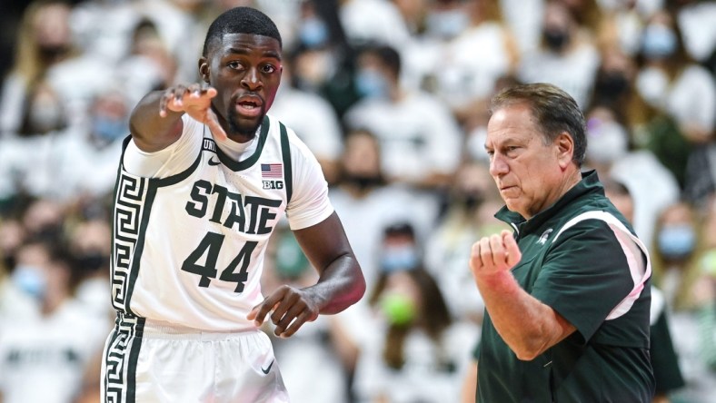 Michigan State's Gabe Brown, left, talks with head coach Tom Izzo during the first half in the game against Ferris State on Wednesday, Oct. 27, 2021, at the Breslin Center in East Lansing.

211027 Msu Ferris 020a