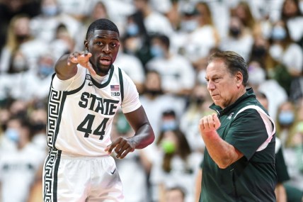 Michigan State's Gabe Brown, left, talks with head coach Tom Izzo during the first half in the game against Ferris State on Wednesday, Oct. 27, 2021, at the Breslin Center in East Lansing.

211027 Msu Ferris 020a