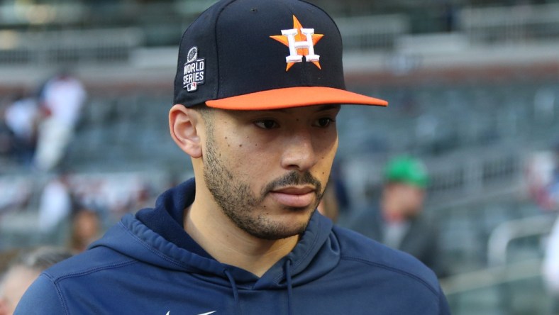 Oct 31, 2021; Atlanta, Georgia, USA; Houston Astros shortstop Carlos Correa (1) during batting practice prior to game five of the 2021 World Series against the Houston Astros at Truist Park. Mandatory Credit: Brett Davis-USA TODAY Sports