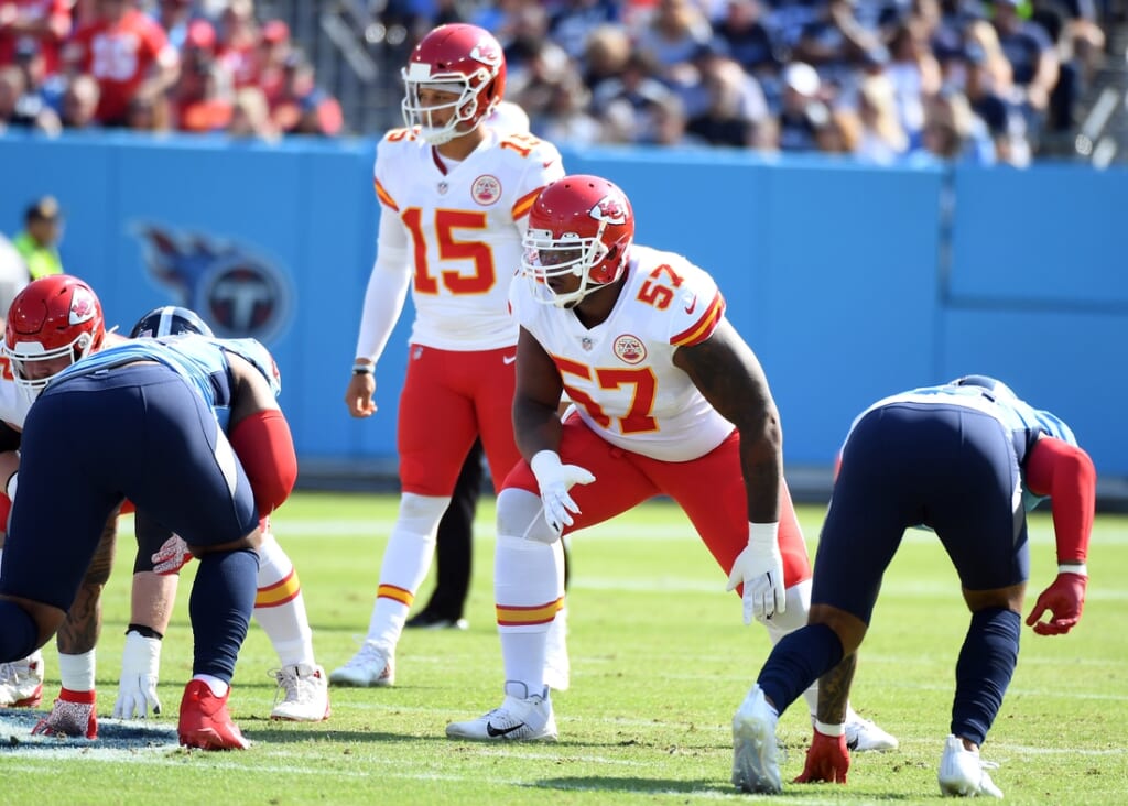 Oct 24, 2021; Nashville, Tennessee, USA; Kansas City Chiefs offensive tackle Orlando Brown (57) lines up during the first half against the Tennessee Titans at Nissan Stadium. Mandatory Credit: Christopher Hanewinckel-USA TODAY Sports