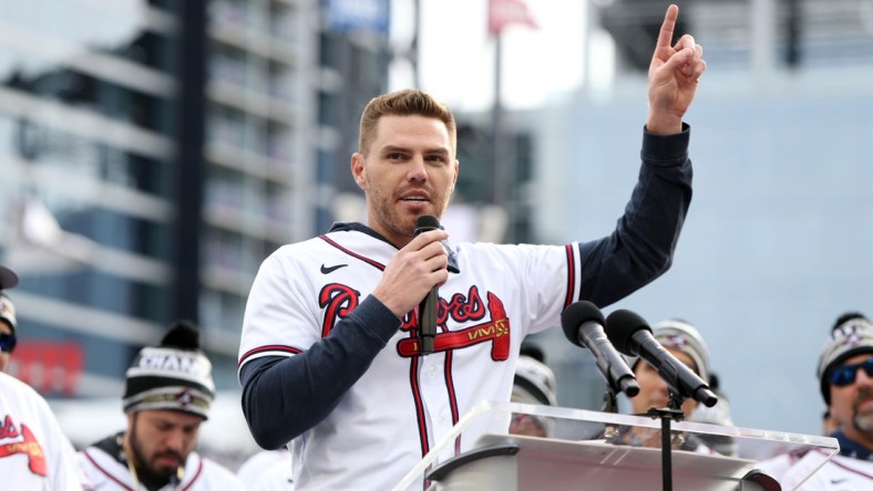 Nov 5, 2021; Atlanta, GA, USA; Atlanta Braves first baseman Freddie Freeman speaks during the World Series championship rally at Truist Park. Mandatory Credit: Brett Davis-USA TODAY Sports