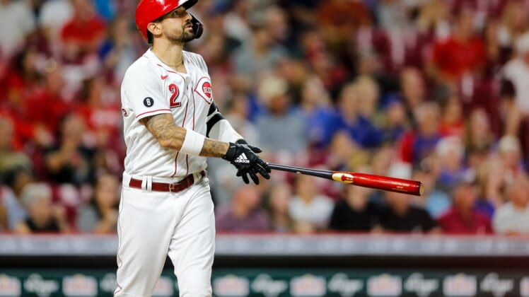 Cincinnati Reds right fielder Nick Castellanos (2) hits a home run in the sixth inning of the MLB National League game between the Cincinnati Reds and Chicago Cubs on Tuesday, Aug. 17, 2021, at Great American Ball Park in downtown Cincinnati.