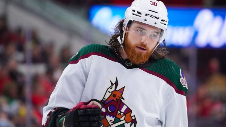 Oct 31, 2021; Raleigh, North Carolina, USA;  Arizona Coyotes center Liam O'Brien (38) looks on during the second period against the Carolina Hurricanes at PNC Arena. Mandatory Credit: James Guillory-USA TODAY Sports