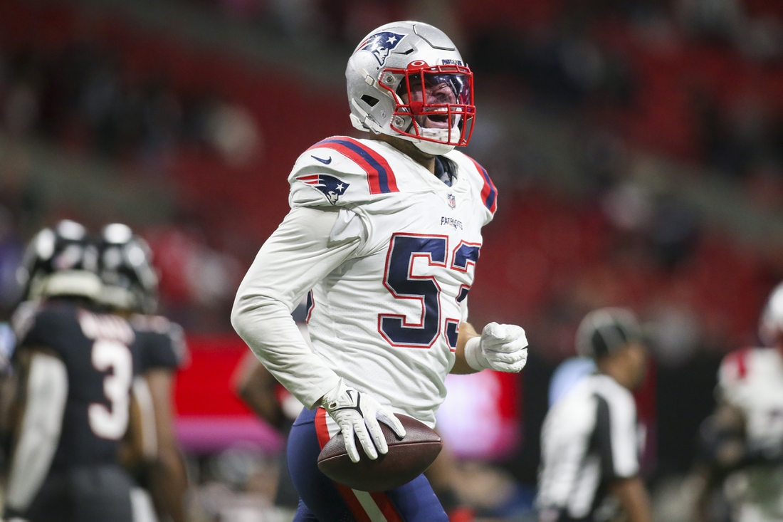 Nov 18, 2021; Atlanta, Georgia, USA; New England Patriots linebacker Kyle Van Noy (53) celebrates after an interception for a touchdown against the Atlanta Falcons in the second half at Mercedes-Benz Stadium. Mandatory Credit: Brett Davis-USA TODAY Sports