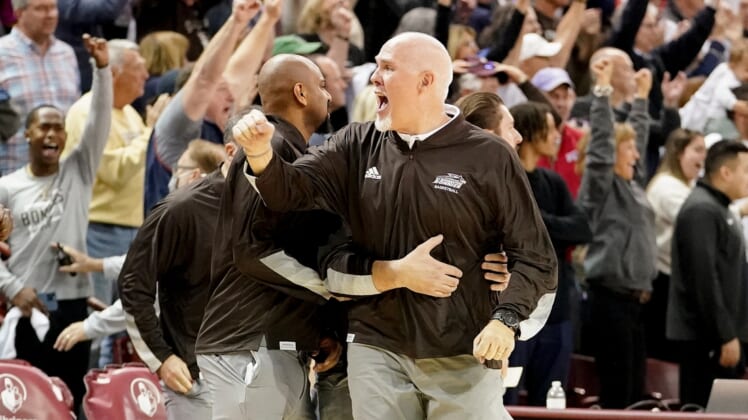 Nov 19, 2021; Charleston, South Carolina, USA; St. Bonaventure Bonnies head coach Mark Schmidt reacts to their victory over the Clemson Tigers at TD Arena. Mandatory Credit: David Yeazell-USA TODAY Sports