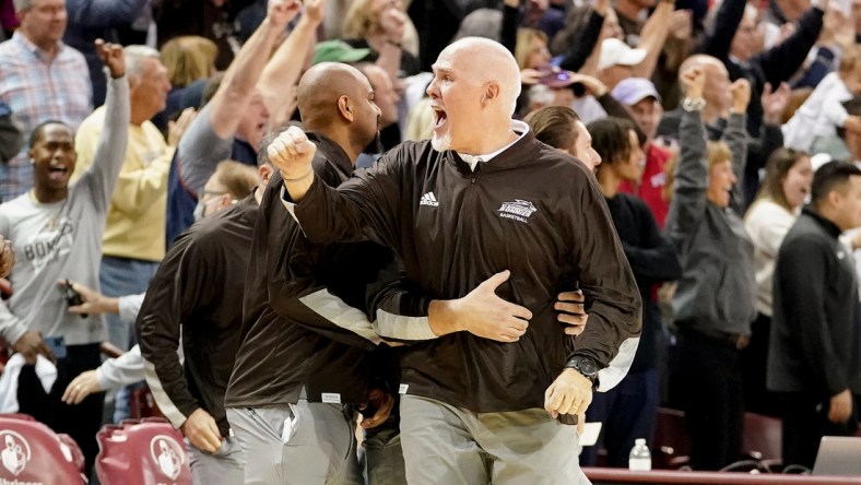 Nov 19, 2021; Charleston, South Carolina, USA; St. Bonaventure Bonnies head coach Mark Schmidt reacts to their victory over the Clemson Tigers at TD Arena. Mandatory Credit: David Yeazell-USA TODAY Sports