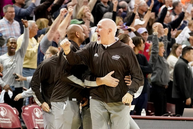 Nov 19, 2021; Charleston, South Carolina, USA; St. Bonaventure Bonnies head coach Mark Schmidt reacts to their victory over the Clemson Tigers at TD Arena. Mandatory Credit: David Yeazell-USA TODAY Sports