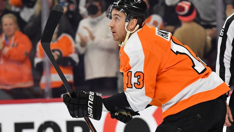 Nov 16, 2021; Philadelphia, Pennsylvania, USA;  Philadelphia Flyers center Kevin Hayes (13) against the Calgary Flames at Wells Fargo Center. Mandatory Credit: Eric Hartline-USA TODAY Sports