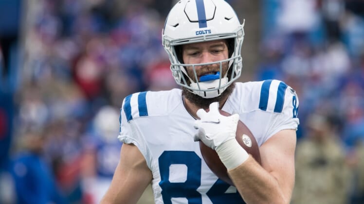 Nov 21, 2021; Orchard Park, New York, USA; Indianapolis Colts tight end Jack Doyle (84) warms up before a game against the Buffalo Bills at Highmark Stadium. Mandatory Credit: Mark Konezny-USA TODAY Sports