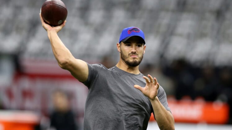 Nov 25, 2021; New Orleans, Louisiana, USA; Buffalo Bills quarterback Mitchell Trubisky (10) warms up before the game against the New Orleans Saints at the Caesars Superdome. Mandatory Credit: Chuck Cook-USA TODAY Sports