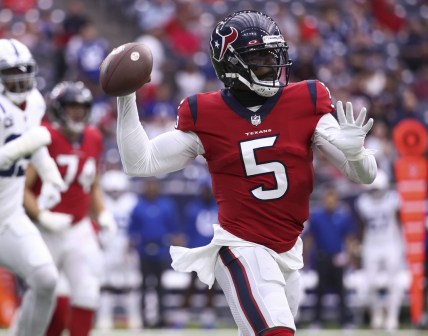 Dec 5, 2021; Houston, Texas, USA; Houston Texans quarterback Tyrod Taylor (5) attempts a pass during the first quarter against the Indianapolis Colts at NRG Stadium. Mandatory Credit: Troy Taormina-USA TODAY Sports