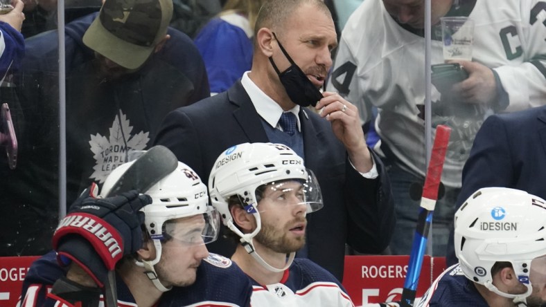 Dec 7, 2021; Toronto, Ontario, CAN; Columbus Blue Jackets head coach Brad Larsen during the third period against the Toronto Maple Leafs at Scotiabank Arena. Mandatory Credit: John E. Sokolowski-USA TODAY Sports