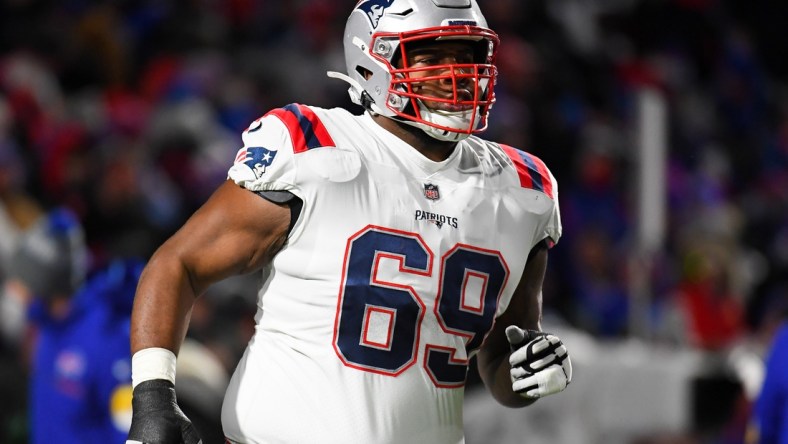 Dec 6, 2021; Orchard Park, New York, USA; New England Patriots guard Shaq Mason (69) prior to the game against the Buffalo Bills at Highmark Stadium. Mandatory Credit: Rich Barnes-USA TODAY Sports