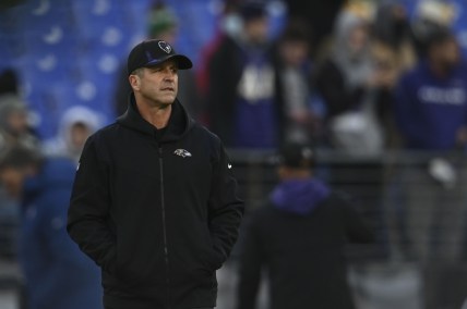 Dec 19, 2021; Baltimore, Maryland, USA;  Baltimore Ravens head coach John Harbaugh on the walks the field before the game against the Green Bay Packers at M&T Bank Stadium. Mandatory Credit: Tommy Gilligan-USA TODAY Sports