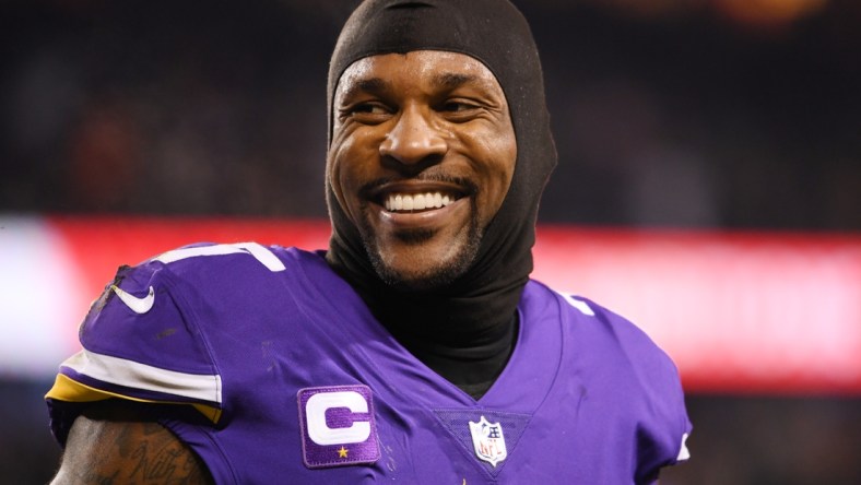 Dec 20, 2021; Chicago, Illinois, USA; Minnesota Vikings cornerback Patrick Peterson (7) reacts in the second half against the Chicago Bears at Soldier Field. Mandatory Credit: Quinn Harris-USA TODAY Sports