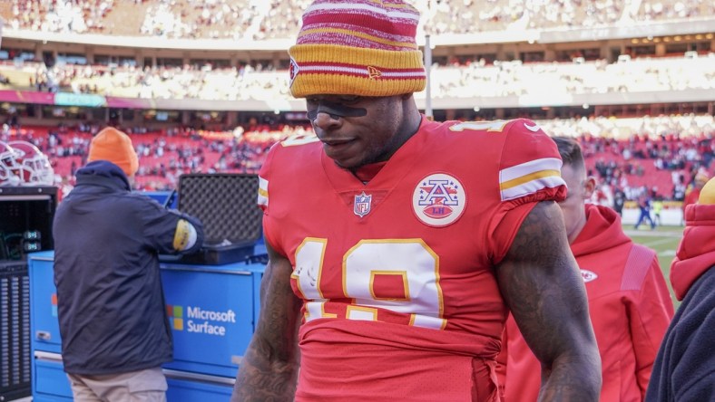 Dec 12, 2021; Kansas City, Missouri, USA; Kansas City Chiefs wide receiver Josh Gordon (19) leaves the field after the win over the Las Vegas Raiders at GEHA Field at Arrowhead Stadium. Mandatory Credit: Denny Medley-USA TODAY Sports