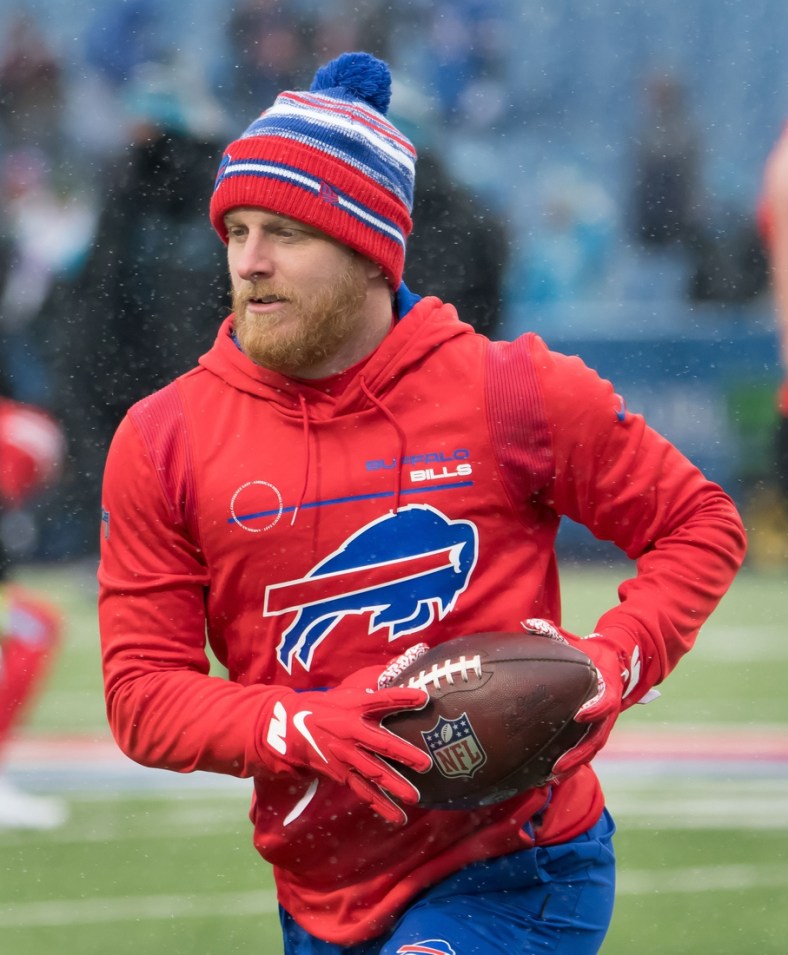 Dec 19, 2021; Orchard Park, New York, USA; Buffalo Bills wide receiver Cole Beasley (11) warms up before a game against the Carolina Panthers at Highmark Stadium. Mandatory Credit: Mark Konezny-USA TODAY Sports