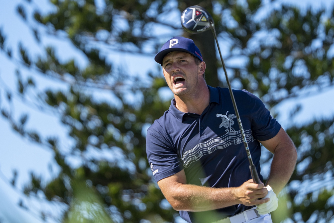 January 7, 2022; Maui, Hawaii, USA; Bryson DeChambeau hits his tee shot on the third hole during the second round of the Sentry Tournament of Champions golf tournament at Kapalua Resort - The Plantation Course. Mandatory Credit: Kyle Terada-USA TODAY Sports