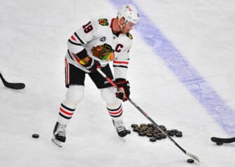 Jan 8, 2022; Las Vegas, Nevada, USA; Chicago Blackhawks center Jonathan Toews (19) warms up before a game against the Vegas Golden Knights at T-Mobile Arena. Mandatory Credit: Stephen R. Sylvanie-USA TODAY Sports