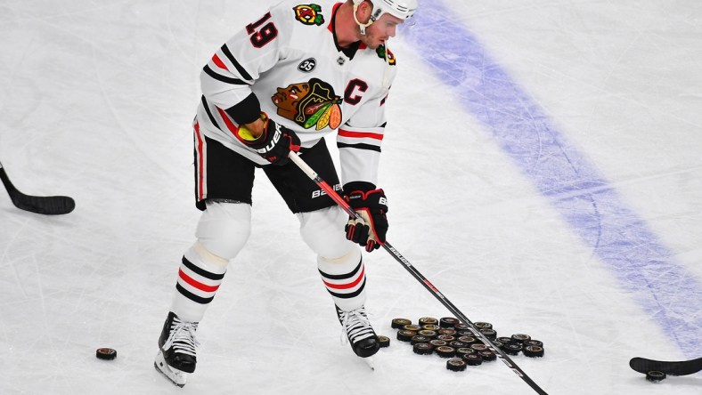 Jan 8, 2022; Las Vegas, Nevada, USA; Chicago Blackhawks center Jonathan Toews (19) warms up before a game against the Vegas Golden Knights at T-Mobile Arena. Mandatory Credit: Stephen R. Sylvanie-USA TODAY Sports