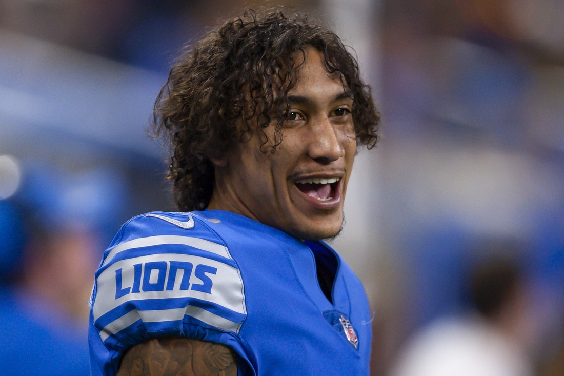 Dec 19, 2021; Detroit, Michigan, USA; Detroit Lions wide receiver Josh Reynolds (8) smiles during the fourth quarter against the Arizona Cardinals at Ford Field. Mandatory Credit: Raj Mehta-USA TODAY Sports