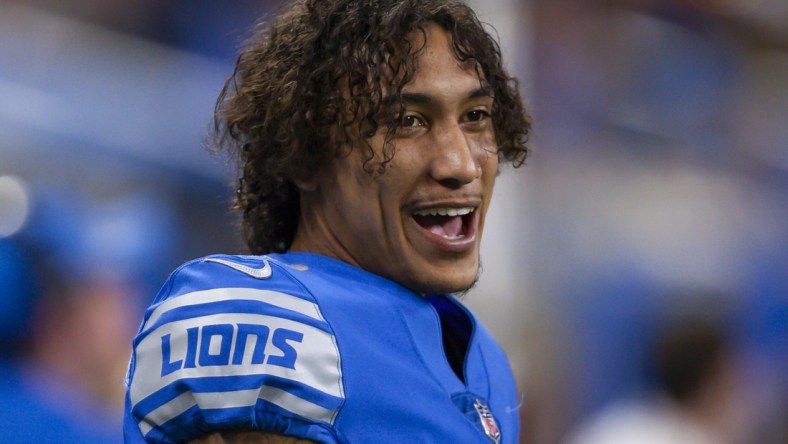 Dec 19, 2021; Detroit, Michigan, USA; Detroit Lions wide receiver Josh Reynolds (8) smiles during the fourth quarter against the Arizona Cardinals at Ford Field. Mandatory Credit: Raj Mehta-USA TODAY Sports