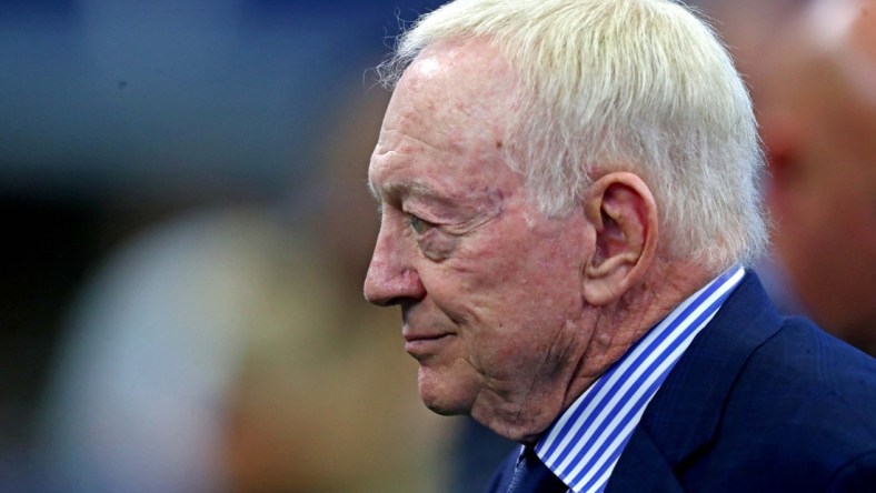 Oct 3, 2021; Arlington, Texas, USA; Dallas Cowboys owner Jerry Jones on the field before the game against the Carolina Panthers at AT&T Stadium. Mandatory Credit: Mark J. Rebilas-USA TODAY Sports