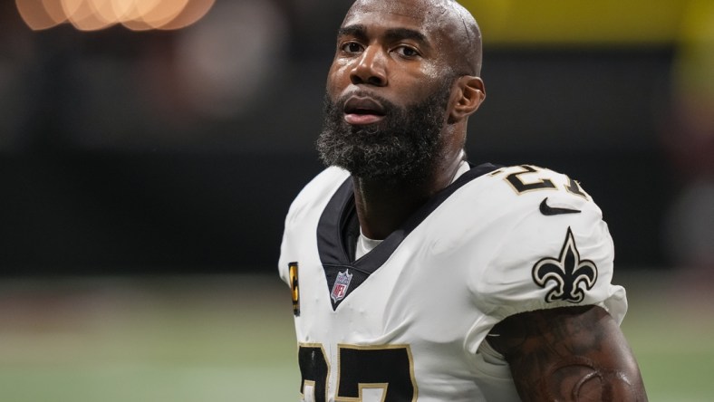 Jan 9, 2022; Atlanta, Georgia, USA; New Orleans Saints safety Malcolm Jenkins (27) on the field after defeating the Atlanta Falcons at Mercedes-Benz Stadium. Mandatory Credit: Dale Zanine-USA TODAY Sports