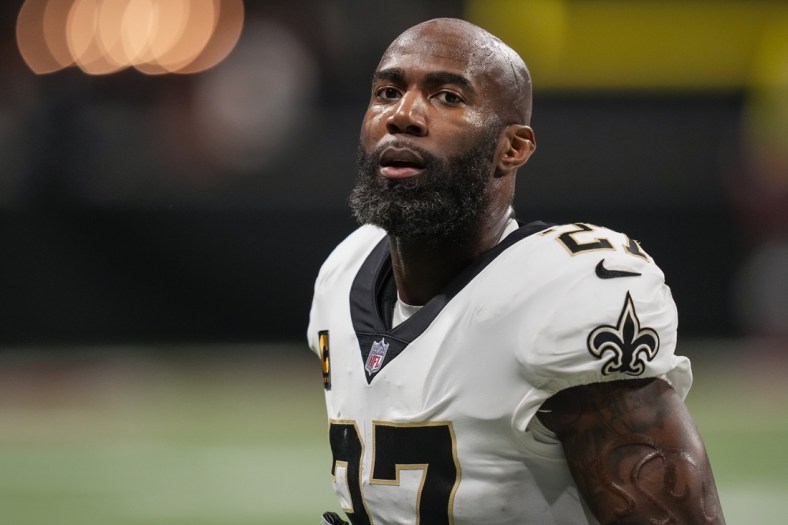 Jan 9, 2022; Atlanta, Georgia, USA; New Orleans Saints safety Malcolm Jenkins (27) on the field after defeating the Atlanta Falcons at Mercedes-Benz Stadium. Mandatory Credit: Dale Zanine-USA TODAY Sports